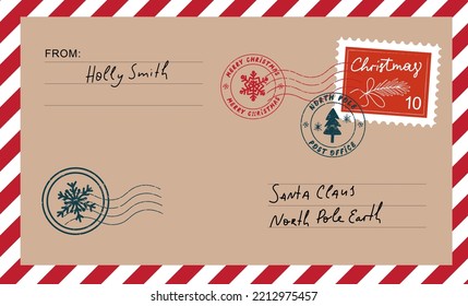 Christmas envelope with stamps, seals and inscriptions to santa claus.