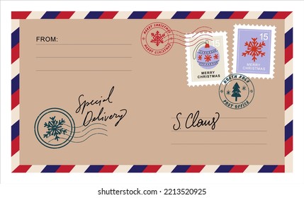 Christmas envelope with stamps, seals and inscriptions to santa claus. Special Delivery.