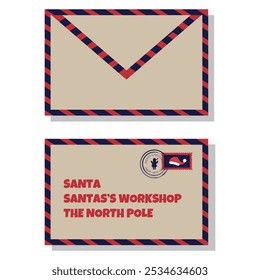 Christmas envelope with stamps, seals, letter for santa claus.Vector isolated illustration
