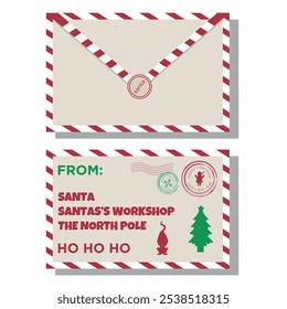 Christmas envelope with stamps, seals, letter for Santa Claus.Vector isolated illustration on white background