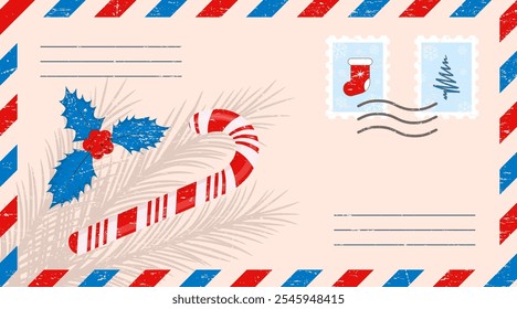 Christmas envelope with stamps texture effect. Vintage old letter for Santa Claus.