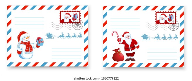 Christmas Envelope template. Layout letter to Santa Claus with cartoon Santa and funny Snowman with Christmas gift box.