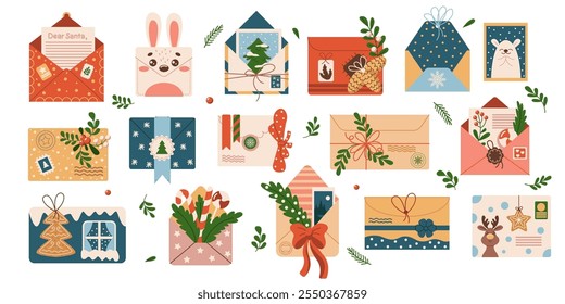 Christmas envelopes with festive decorations flat color vector objects set. Greetings and gifts for winter season illustrations bundle on white