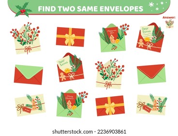 Christmas envelopes. Find two same pictures. Educational game for kids with envelopes. Spot two identical pictures. Cartoon, flat. Isolated vector illustration eps