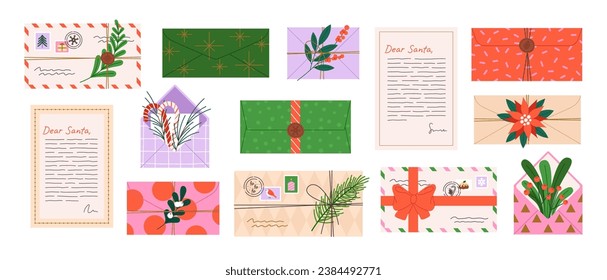 Christmas envelopes and santa claus letters. Xmas festive mail, new year congratulations for friends, family and colleagues racy vector collection