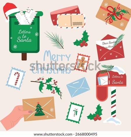 Christmas Envelopes. A set of Gift Cards, postal envelopes, open and closed with sweets