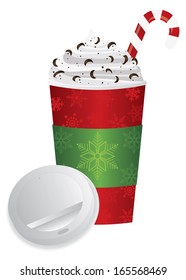 Christmas Espresso Coffee Drink with Candy Cane Whipped Cream and Chocolate Sprinkles in To Go Cup with Open Lid and Sleeve Vector Illustration Isolated on White Background