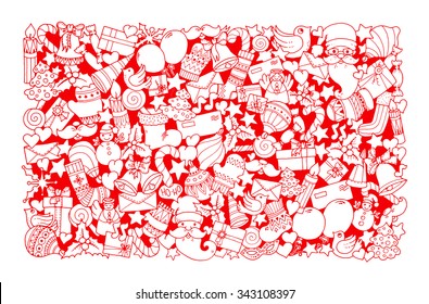 Christmas ethnic red pattern. Doodle background with balloon, bells, sweets, Christmas socks, gift, mittens, envelope, letter, tree, star, candle, bird, snowman, ball, bow, heart and Santa Claus. 