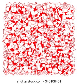 Christmas ethnic red pattern. Doodle background with balloon, bells, sweets, Christmas socks, gift, mittens, envelope, letter, tree, star, candle, bird, snowman, ball, bow, heart and Santa Claus. 