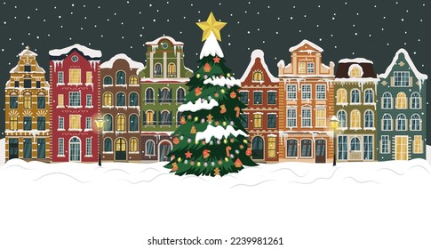 Christmas in Europe. European historical buildings. Amsterdam, Netherlands architecture. Cute colorful brick houses. Vector illustration.