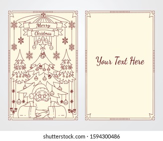 Christmas eve 2019 vector greeting card line art, Santa Claus with glasses, digital art