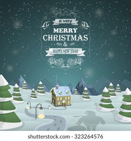 Christmas Eve background vector illustration. Santas shadow against the snowed up forest and illuminated house with Merry Christmas greeting.