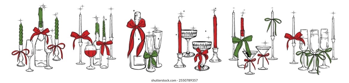 Christmas eve candle set, traditional holiday table decoration, hand drawn vector wineglass, bow. Celebration New Year drinks, champagne bottle, vintage setting object, candleholder. Christmas candle