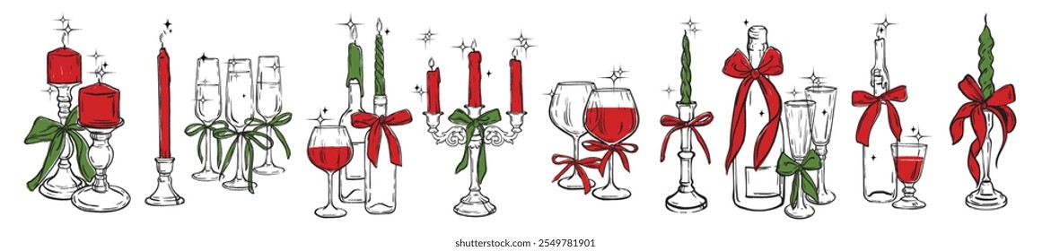 Christmas eve candle set, vector hand drawn traditional holiday table decoration, wineglass, bow. Celebration New Year drinks, champagne bottle, vintage setting object, candleholder. Christmas candle