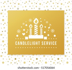 Christmas Eve Candlelight Service Invitation. Golden Foil And Dots Seamless Pattern Background