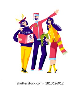 Christmas eve celebration with young people singing carols. Cute xmas songs singers wearing santa hat and reindeer horns. Christmas party event. Cartoon vector illustration