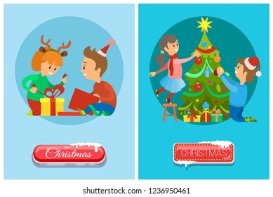 Christmas eve, children opening presents and decorating Xmas tree vector. Girl wearing reindeer horns accessories unpack gifts, greeting card, push button