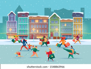 Christmas eve city street with people hurrying holding xmas purchases, shopping bags. Vector cartoon men, women with kids in warm winter clothing with presents on background of buildings.