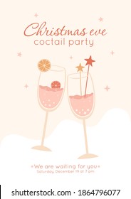 Christmas eve cocktail party invitation concept. Two glasses of champagne with orange and star decor. Soft pastel colors beige and pink. Luxury and elegant design card, poster for restaurant, bar