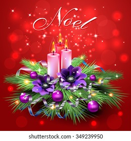 Christmas Eve, Christmas composition of spruce, streamers, Christmas decorations, snow, greeting design