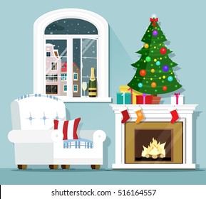 Christmas eve concept. Stylish graphic room interior: armchair, christmas tree, fireplace and window with winter landscape. Flat style vector illustration.