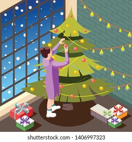 Christmas eve in cozy home interior isometric background with female person decorating holiday tree vector illustration