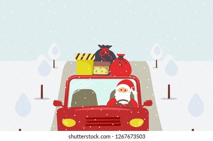Christmas eve: cute Santa Claus is going to a holiday in a red car.Santa`s bags and boxes with gifts on the roof of the auto.Snow is falling.Snow-covered trees along the road.Vector flat illustration