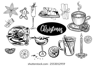 Abendessen am Weihnachtsabend. Handgezeichnete Vektorskizze