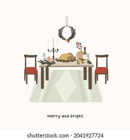 Weihnachtsabendtisch mit türkisem Dekor. Winterurlaub im neuen Jahr Saisonkarte. Vektorgrafik auf handgezeichneter Cartoon-Ebene
