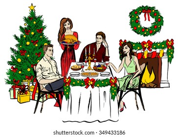 Christmas Eve dinner and woman with turkey. Hand drawn ink sketch isolated on white