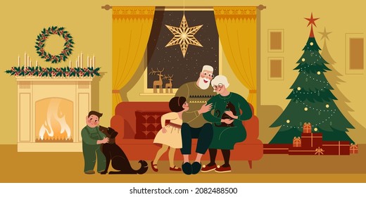 Christmas Eve. Grandchildren visiting grandparents. Flat graphic vector illustration.