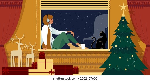 Christmas Eve greeting card. Young girl with headphones and coffee cup sits alone on the windowsill. Flat graphic vector illustration.