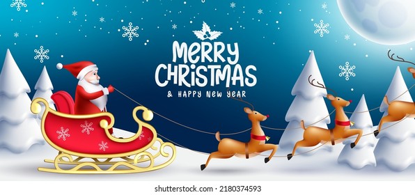 Diseño vectorial de la víspera de Navidad. Feliz Navidad texto con el personaje de santa claus montando trineos y renos para la celebración de las fiestas de Navidad. Ilustración vectorial.
