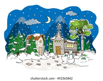 Christmas Eve, a hand drawn vector illustration of a peaceful Christmas eve.
