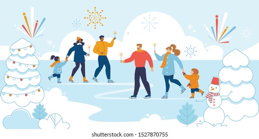 Christmas Eve, Happy New Year Family Entertainment, Winter Vacations Trendy Flat Vector Concept. Multinational Parents with Children, Having Fun Outdoor, Ice-Skating at Lake in Park Illustration