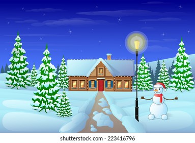 christmas eve holiday house winter snow, snowman and pine tree gift card vector illustration