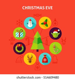 Christmas Eve Infographic Concept. Vector Illustration of Winter Holiday Circle with Flat Design Icons.