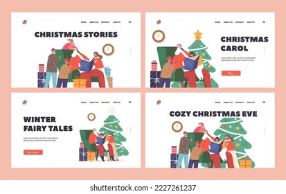 Christmas Eve Landing Page Template Set. Santa Claus Character Read Stories to Children, Saint Nicholas Sitting on Cozy Armchair at Fir-Tree Reading Book to Kids. Cartoon People Vector Illustration