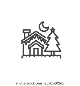 Christmas Eve line icon. linear style sign for mobile concept and web design. Winter night with Christmas tree , house and moon outline vector icon. Symbol, logo illustration. Vector graphics