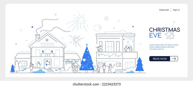 Christmas Eve - modern thin line design style banner with copy space for text. An illustration with a cityscape in winter. City district with decorated buildings, tree, people celebrating a holiday