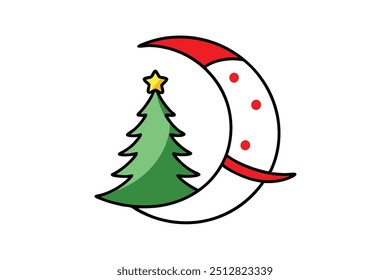 Christmas eve moon vector line art, clipart illustration with isolated on white background