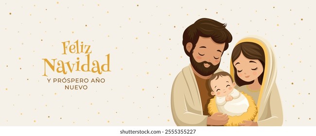 Christmas Eve Nativity scene. Merry Christmas. Holy Family. The Virgin Mary and Saint Joseph with the newborn Jesus Christ. With the words in Spanish: Merry Christmas and Happy New Year
