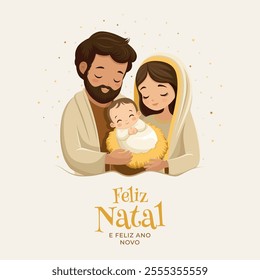 Christmas Eve Nativity scene. Merry Christmas. Holy Family. The Virgin Mary and Saint Joseph with the newborn Jesus Christ. With the words in Spanish: Merry Christmas and Happy New Year
