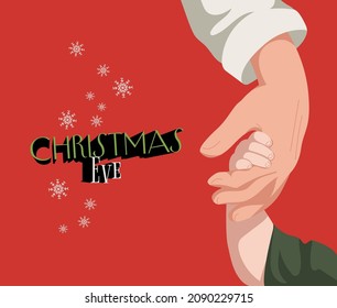 Christmas Eve and New Year background with father holding child's hand. Family background. Father's Day. Holiday banner, Greeting card. Vector illustration.