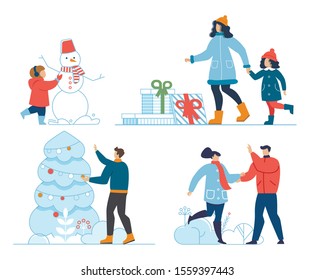 Christmas Eve and New Year Celebration and Pastime Set. Adult People and Children Characters Making Snowman, Receiving Xmas Gifts, Decorating Fir Tree, Walking in Snowy Park. Vector Illustration