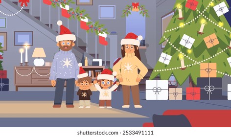 Christmas eve and parents and children prepare gifts. Winter holiday with family