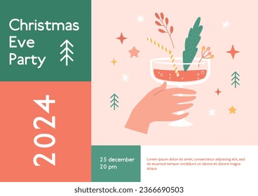 Christmas Eve party 2024 invitation collage with hand holding cocktail with fir tree branch, berries, stars, graphic trees and snowflakes. Creative card, vector illustration, greeting geometric banner