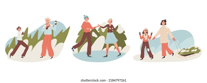 Christmas eve preparation, people celebrating winter holidays. Families and friends winter holidays activities flat illustration set. Cartoon Christmas celebrating characters