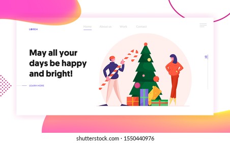 Christmas Eve Presents and Sweets Website Landing Page. Man Holding Huge Candy Cane and Woman Stand at Decorated Xmas Tree with Gift Boxes. Holidays Web Page Banner. Cartoon Flat Vector Illustration