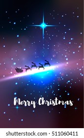 Christmas Eve Santa Claus giving gifts, vector particles illustrations.